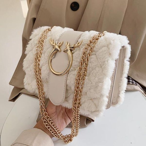 

evening bags female winter soft plush fur designer handbag deer lock chain shoulder bag smessenger crossbody for luxury women bolsa 2021