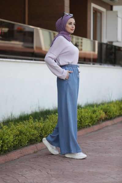 

women's jeans women wide leg elastic islamic comfortable modern muslim clothing made in turkey 10015, Blue