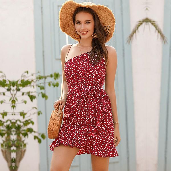 

casual dresses pattern printing black chiffon one-shoulder strap a-line summer women's dress 2021, Black;gray