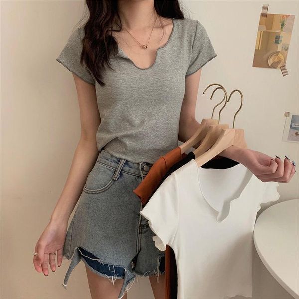 

women's t-shirt ikenling design sense shirt short-sleeved summer 2021 style thin wild collar careful v-neck solid color female trend, White