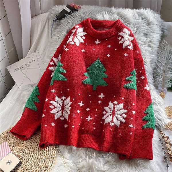 

women's sweaters sweater female printed christmas tree snow 2021 fashion autumn and winter student japanese diamond jacquard pullover, White;black
