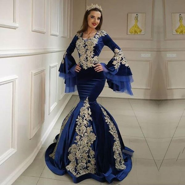 

unique design flare sleeve prom gown arabic dubai style deep blue velvet mermaid evening dress for formal occations custom made, Black;red