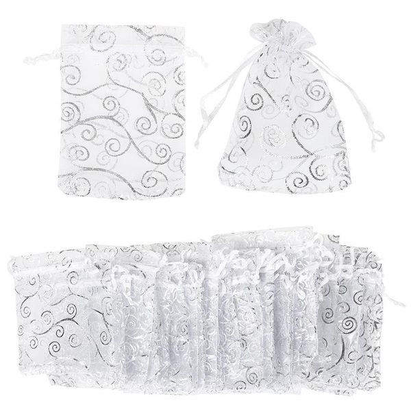 

100pcs sheer organza favor bags for wedding baby shower rattan print gift bags samples display drawstring pouches (9x12cm, silve