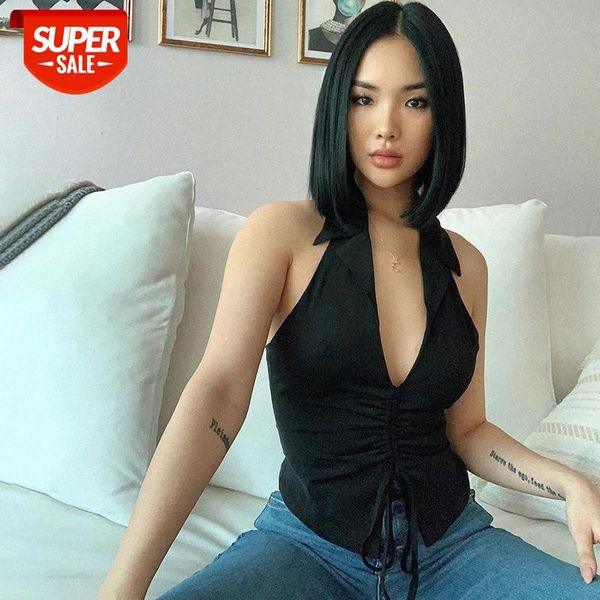 

deep v-neck sleeveless tank women summer crop ruched drawstring black fashion skinny elastic streetwear #nn9d, White