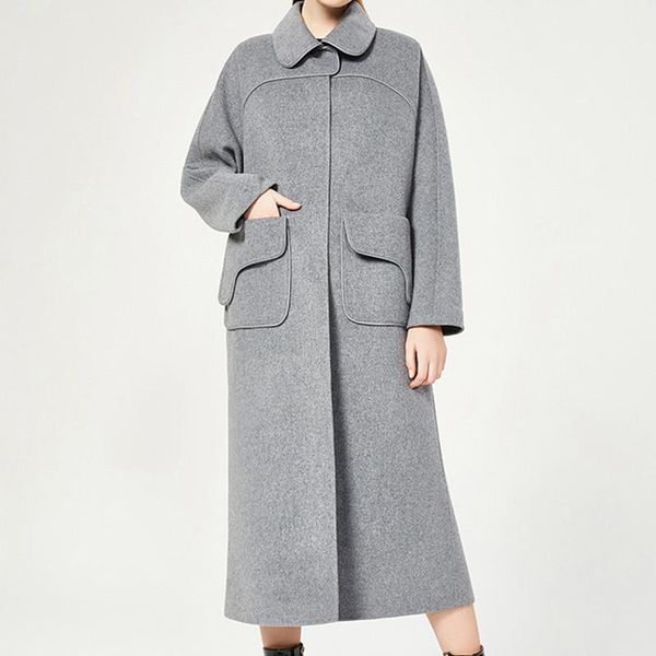 

women's wool & blends mid-length coat with pockets womens casual stylish autumn winter turn-down collar single-breasted solid loose out, Black