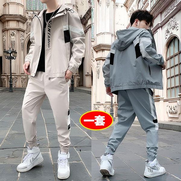 

men's tracksuits tracksuit 2021 autumn man two-piece set sweat suit polyester overalls korean leisure hip hop men jacket+ harem pants, Gray