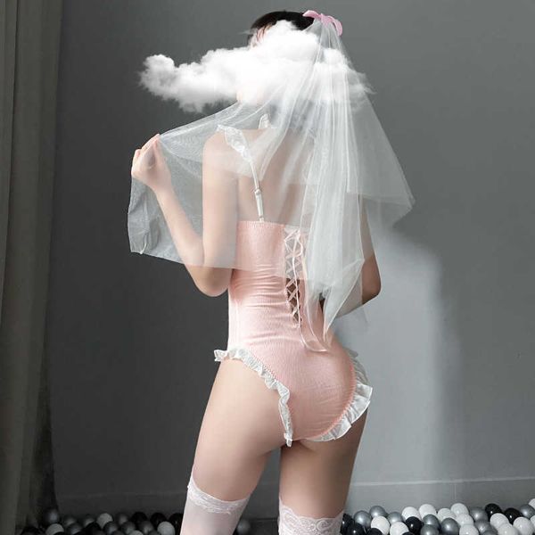 Sexy Braut Cosplay Kostüme 3 stücke Schleier Kragen Body Rosa Kawaii Outfit Für Weibliche Spitze Porno Maid Dessous Set 2021 neue 0676 Y0913