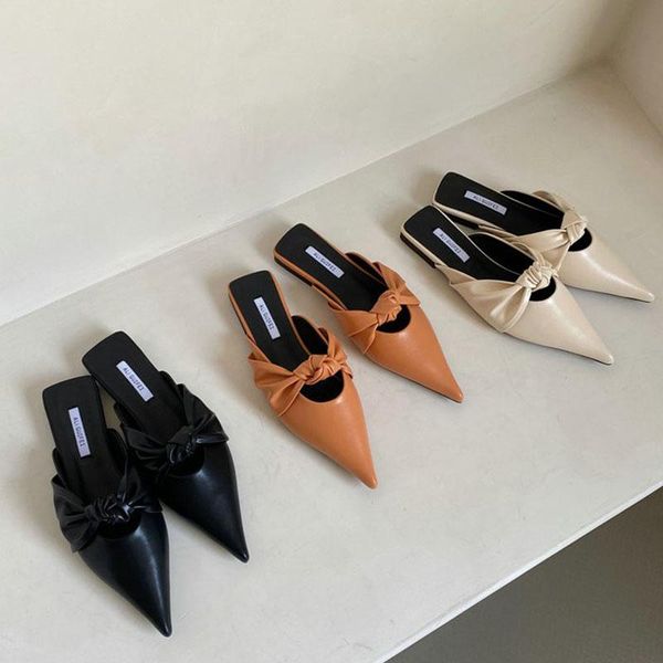 

slippers 2021 summer women slipper elegant bow-knot pointed toe slip on mules shoes ladies flat heel casual female slides flip flop, Black