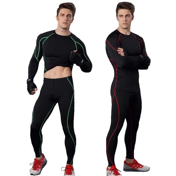 

men fitness activewear sets [and leggings] long sleeve t shirts trouser quick dry elastic compression brand clothing, White;black