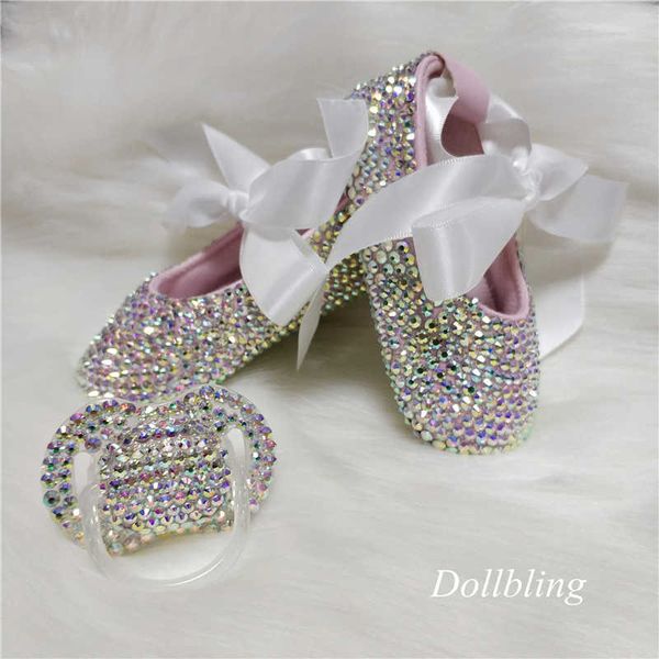 bowknot Custom Sparkle Bling cristais Strass Sapatos de bebê meninas infantil 0-1Y ribbon Sapatos de princesa First Walkers hairband 211021