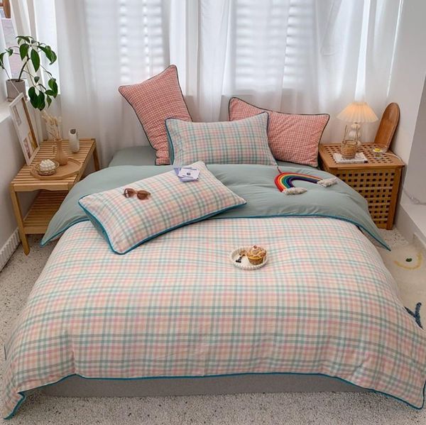 

bedding sets washed cotton ultra soft duvet cover set girls gingham plaid geometric bed sheet pillowcases  king size 4pcs
