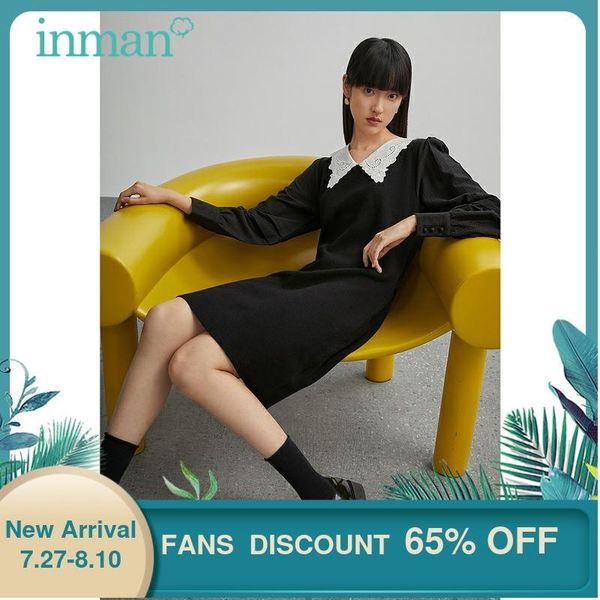 

casual dresses inman autumn woolen dress with bandage women white hollow embroidered collar design v-neck long sleeve black one-piece, Black;gray