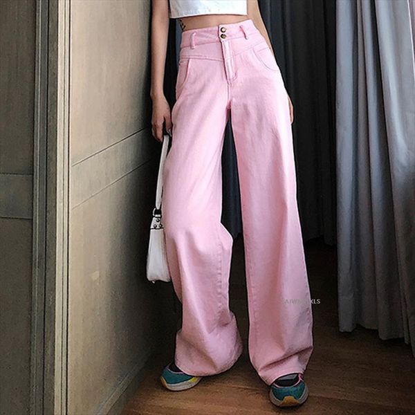 

fashion pink high waist loose women jean casual pants korean style oversized omighty vintage trousers wide leg kz615, Blue