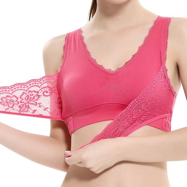 

bras s-4xl women underwear lingerie lace solid color cross side buckle wireless push up breathable sleep bra, Red;black