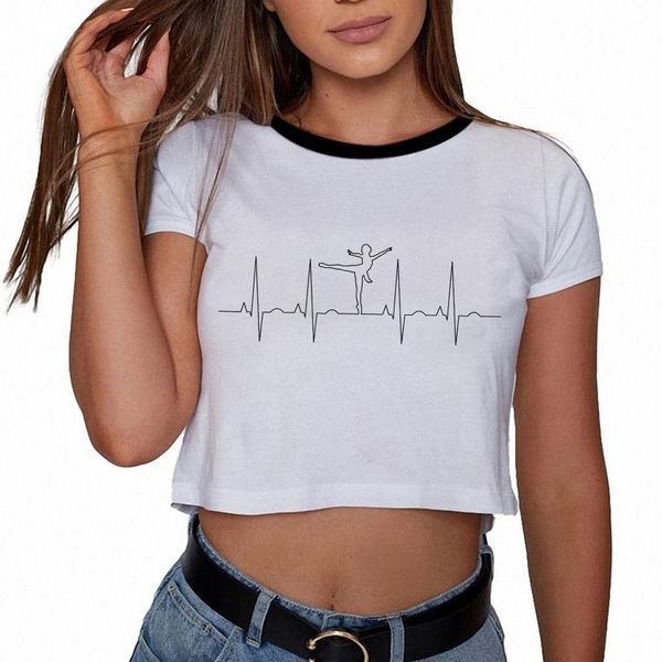 

czccwd woman fashion 2021 new harajuku kawaii heartbeat ballet crop streetwear tumblr lifeline leisure funny t shirt women, White