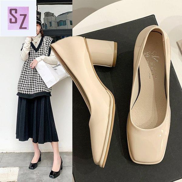 

dress shoes thick-heeled women's spring and autumn 2021 shallow mouth fashion net red mid-heel square toe sweet beauty, Black
