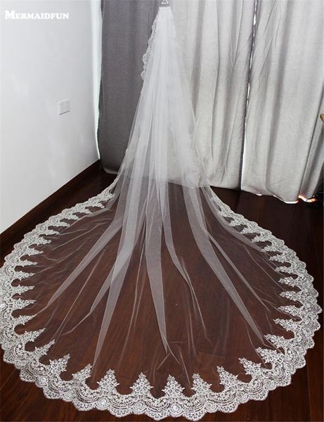 

bridal veils 2021 one layer 3 meters bling sequined lace edge long wedding veil with comb m white ivory voile mariage, Black