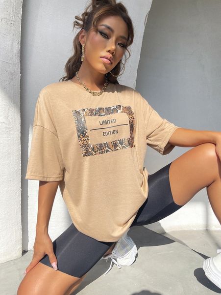 

snakeskin & letter graphic drop shoulder tee 83gu#, White