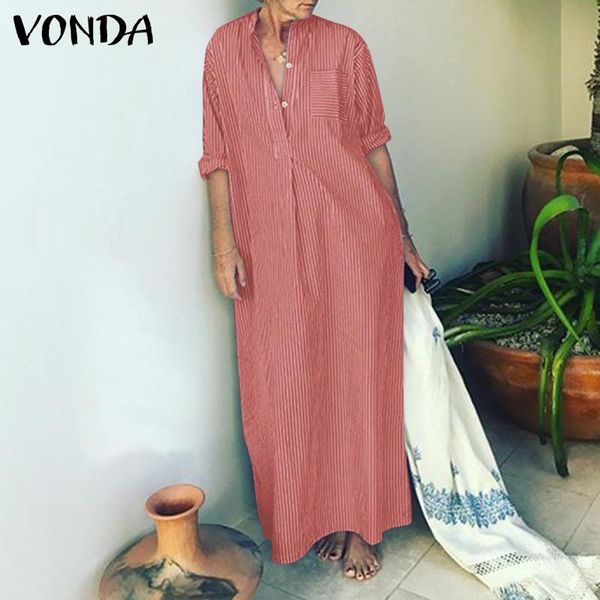 

casual dresses dress 2021 vonda women party long maxi with pockets summer sundress spring sleeve vestidos plus size, Black;gray