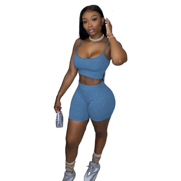 

solid lounge wear tracksuit women summer spaghetti strap vest crop biker shorts bodycon jogging two piece set women outfit, Gray
