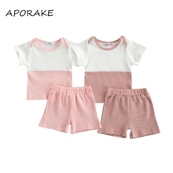 

clothing sets 2021 0-24m born baby girls knitted set summer short sleeve patchwork +shorts casual 2pcs outfits, White