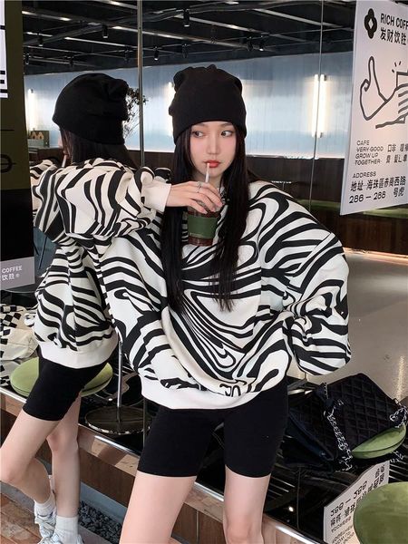 

women's hoodies & sweatshirts zebra pattern retro spring and autumn loose streetwear sweatshirt women, Black