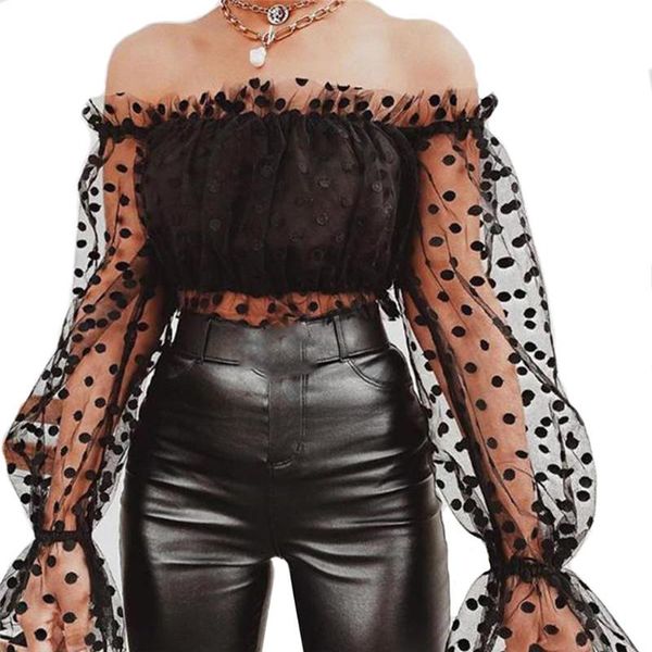 

women sheer see-through blouse summer vacation daily short blouse off-shoulder polka dot puff long sleeve casual, White