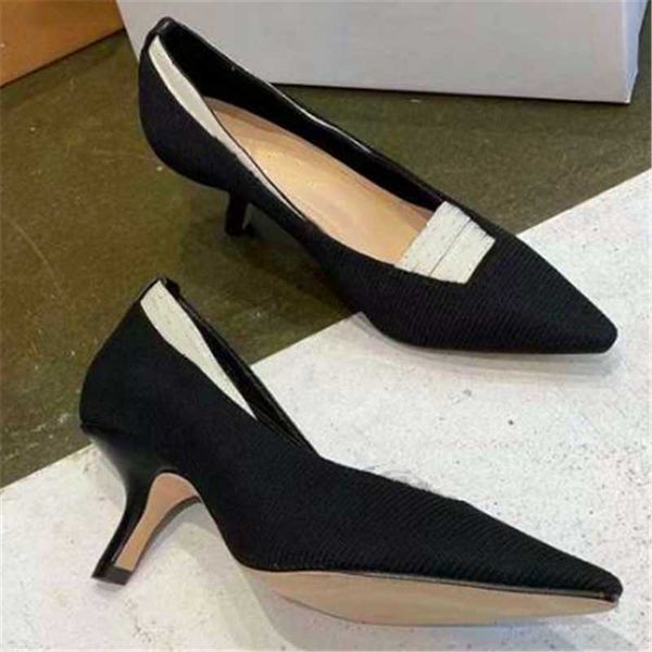 

dress shoes black striped knitted fabric single pointed toe casual all-match shallow mouth stiletto heels lady