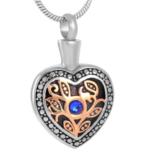 Ciondolo gioielli cremazione in argento a forma di cuore all'ingrosso, collana con ciondolo urna crematoria con gemma blu, gioielli souvenir ceneri