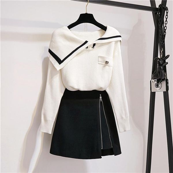 

two piece dress verhellen 2021 autumn winter women long sleeve turn-down collar knitted sweater + a-line mini skirts suit set, White