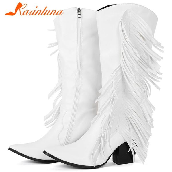 

boots karin brand design female fashion trendy retro pointed toe chunky high heels fringe women mid calf shoes, Black