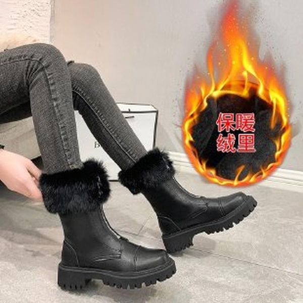 

boots winter women's fur all-in-one calf leather botas shoes women 2021 warm ladies mujer platform, Black