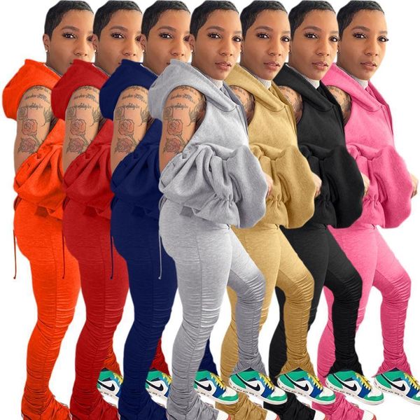 

casual autumn and winter women two piece set hooded off shoulder backless pleated stacked pants joggers clothes for women, Gray