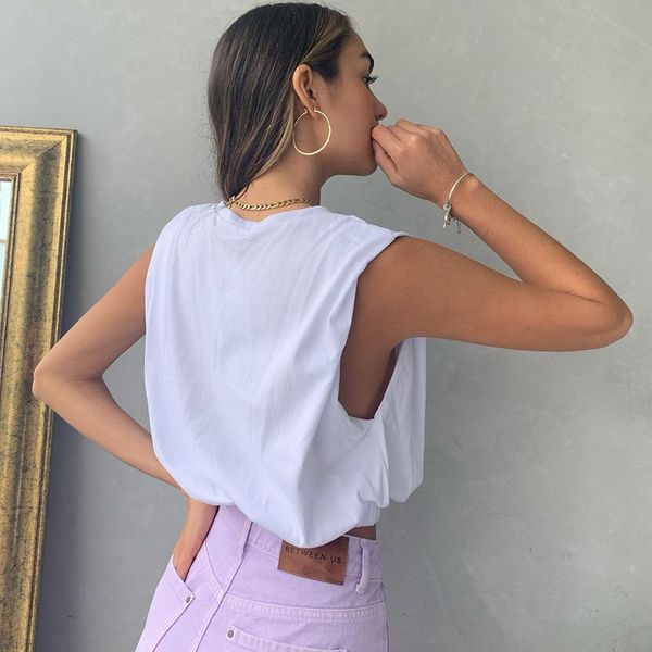 

white sleeveless cotton t-shirt women casual loose elegant vintage cropped basic elastic fashion tee shirt femme