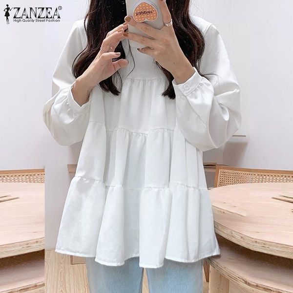 

women's blouses & shirts zanzea stylish women long sleeve blouse autumn ruffles shirt casual solid patchwork tunic loose party work bl, White