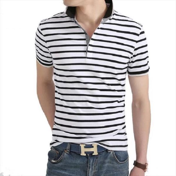 

shirt summer business casual mens polo breathable white striped short sleeve pure cotton work clothes hombre, White;black