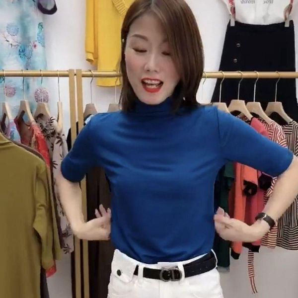 

women's t-shirt cotton turtleneck half-length sleeve autumn top, White