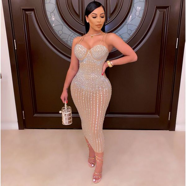 

kricesseen sequin glitter crystal midi dress vestido women sleeveless strap bodycon see through party club dresses 2021, White;black