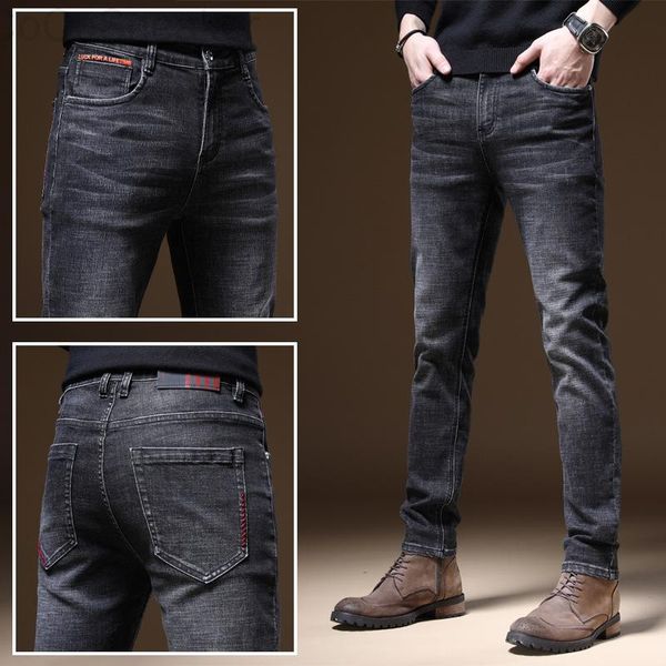 

men's jeans autumn winter black slim fit youth elastic thick, Blue