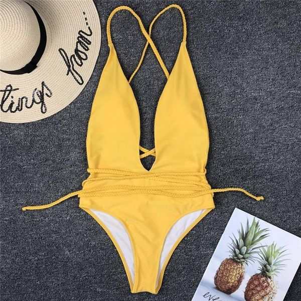 

one-piece suits 2021 bikinis summer women femme sportwear one piece biquinis solid color bandage backless swim wear deep v padded beach