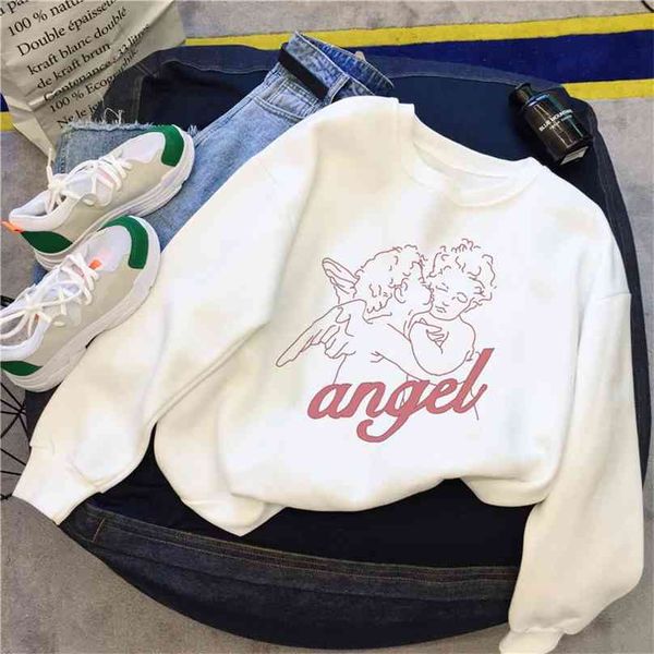

cartoon print winter casual female fashion punk large size loose fun angel letter ins long sleeve vintage sweatshirt 210805, Black