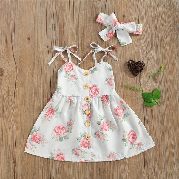 

girl's dresses summer kid girls one pieces outfits cute children spaghetti straps button down floral casual with headband, Red;yellow