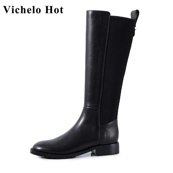 

boots vichelo winter classic keep warm genuine leather round toe med heel riding simple design fashion knee-high l35, Black
