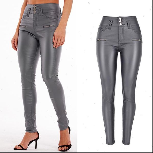 

womens pencil pants high waist slim stretch vintage noble gray imitation leather trouser denim pu motorcycle pants female jeans, Black;white
