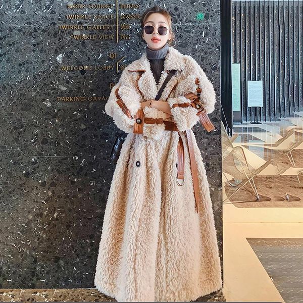 

women's wool & blends winter lambs coat long cotton loose fleece fur one thickening casual fashion protect against the cold jacket fema, Black