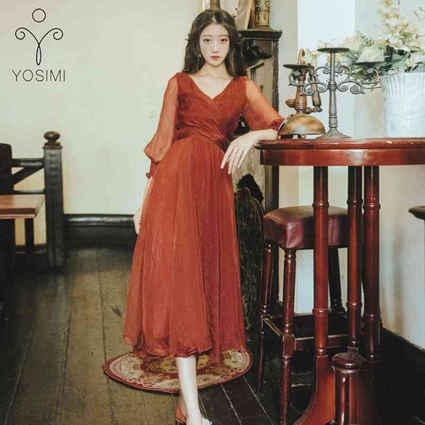 

yosimi autumn women dress red wine polyester mid-calf v-neck ladies party es midi fit and flare vintage 210604, Black;gray