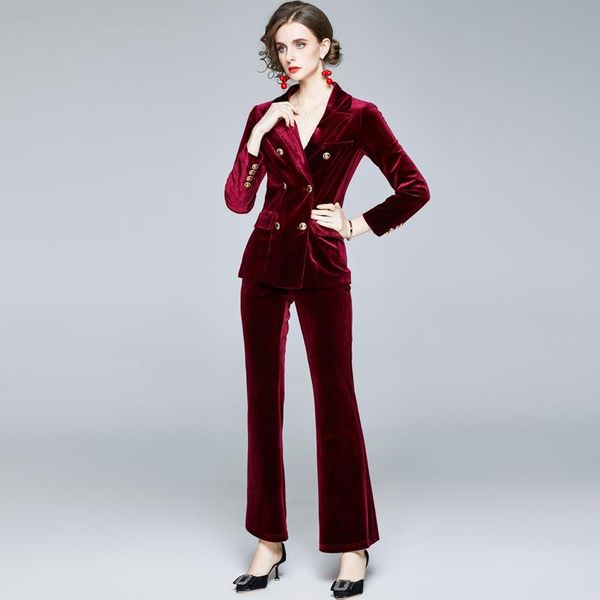 

women's two piece pants 2021 fashion autumn winter women suit elegant vintage notched velour blazer and matching set lady office party, White