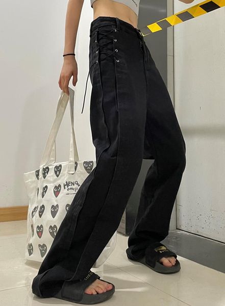 

women's jeans mall gothic grunge black harajuku punk wide leg women pants hip hop high waist bandage streetwear rivet trousers, Blue