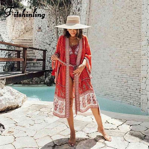 FitShinling Bohemian Feriado Beach Kimono Cover-Up Swimwear Impressão Floral Verão Longo Cardigan com Sashes Slim Sexy Bikini Capa 210722