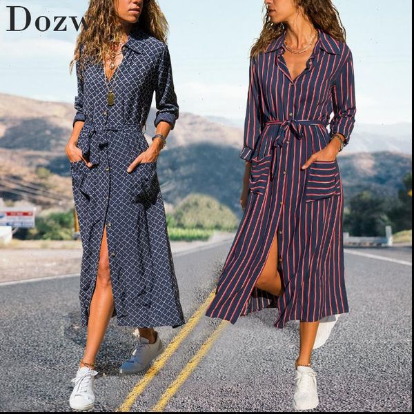 

2021 new fashion striped lady shirt dress long sleeve turn down collar casual dresses pockets bandage elegant midi robe, Black;gray